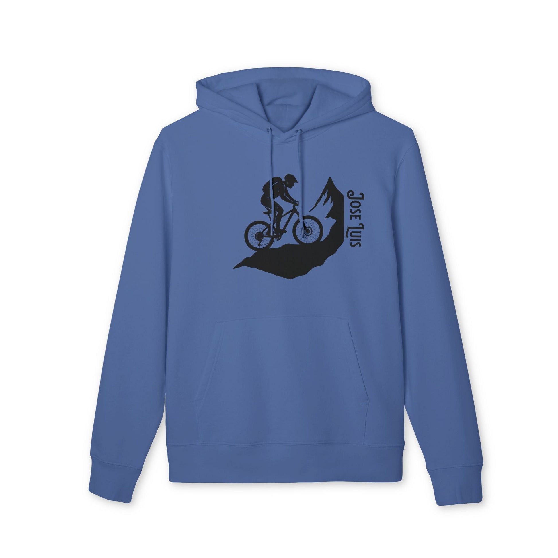 Alt Tag: Mountain Bike Personalized Sustainable Unisex Hoodie azul con capucha, diseño ciclista de montaña en negro y texto vertical "Santiago"