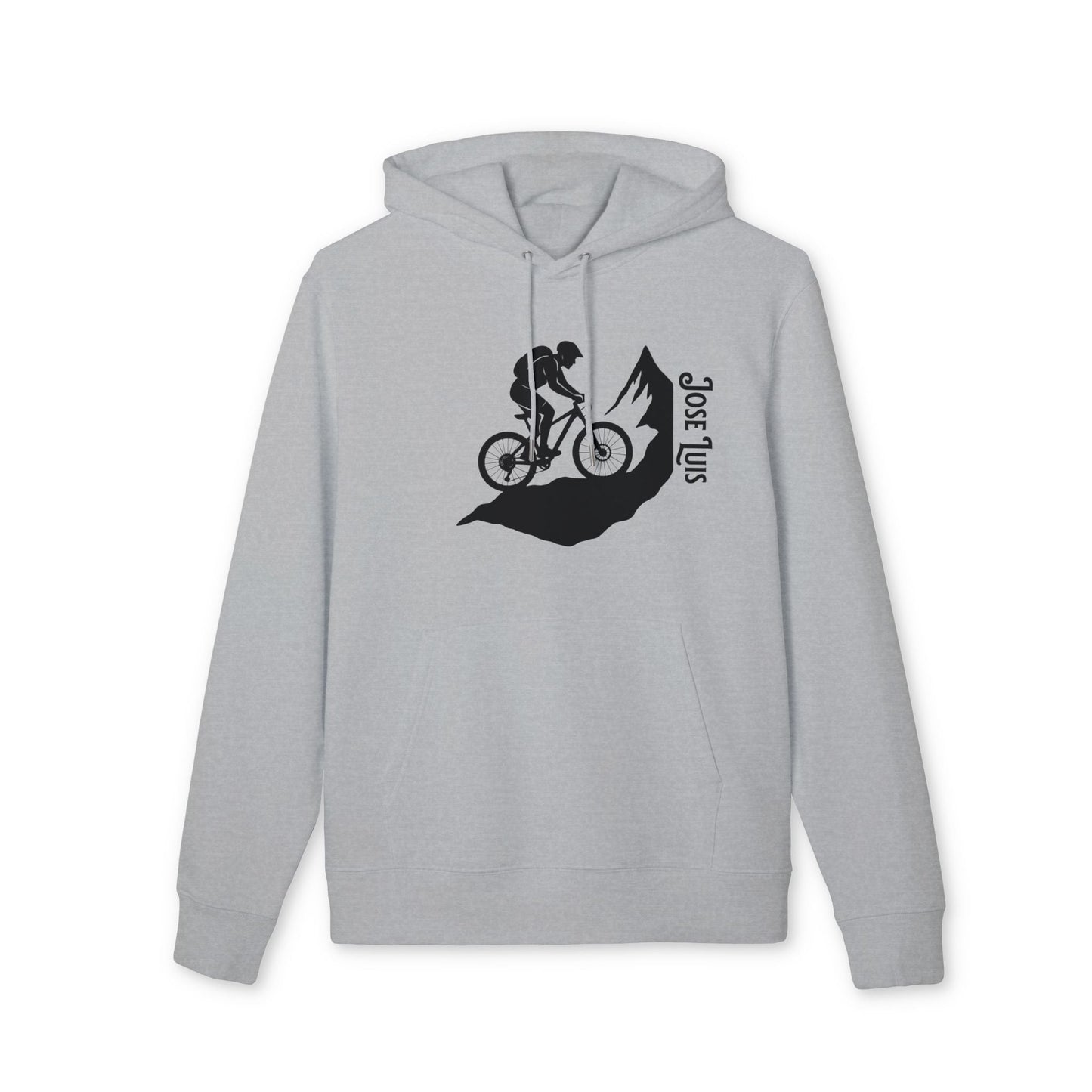 Alt Tag: Mountain Bike Personalized Sustainable Unisex Hoodie in light gray with mountain biker and peaks graphic, customizable name on front