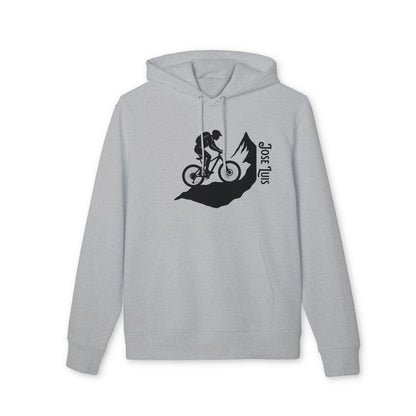 Alt Tag: Mountain Bike Personalized Sustainable Unisex Hoodie in light gray with mountain biker and peaks graphic, customizable name on front