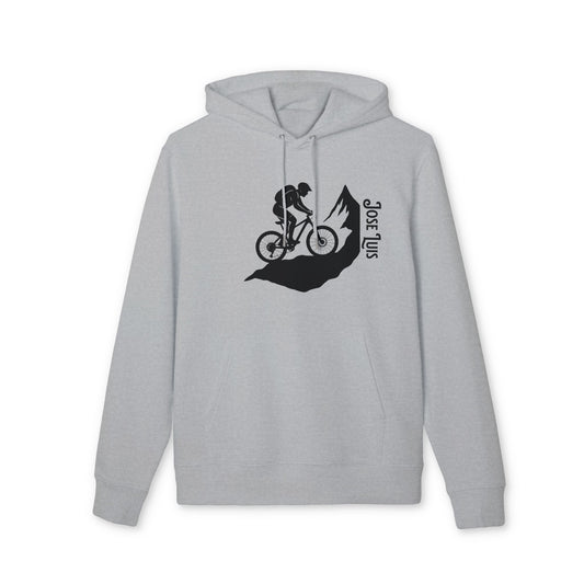 Alt Tag: Mountain Bike Personalized Sustainable Unisex Hoodie in light gray with mountain biker and peaks graphic, customizable name on front