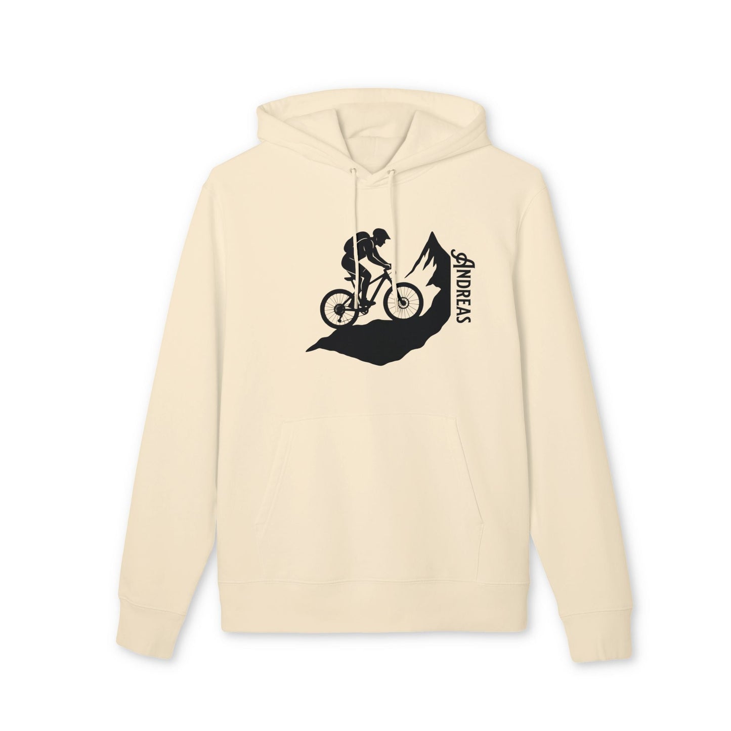 Mountain Bike Personalized Sustainable Unisex Hoodie color crema con gráfico de ciclista en montaña y nombre personalizado "ANDREA"