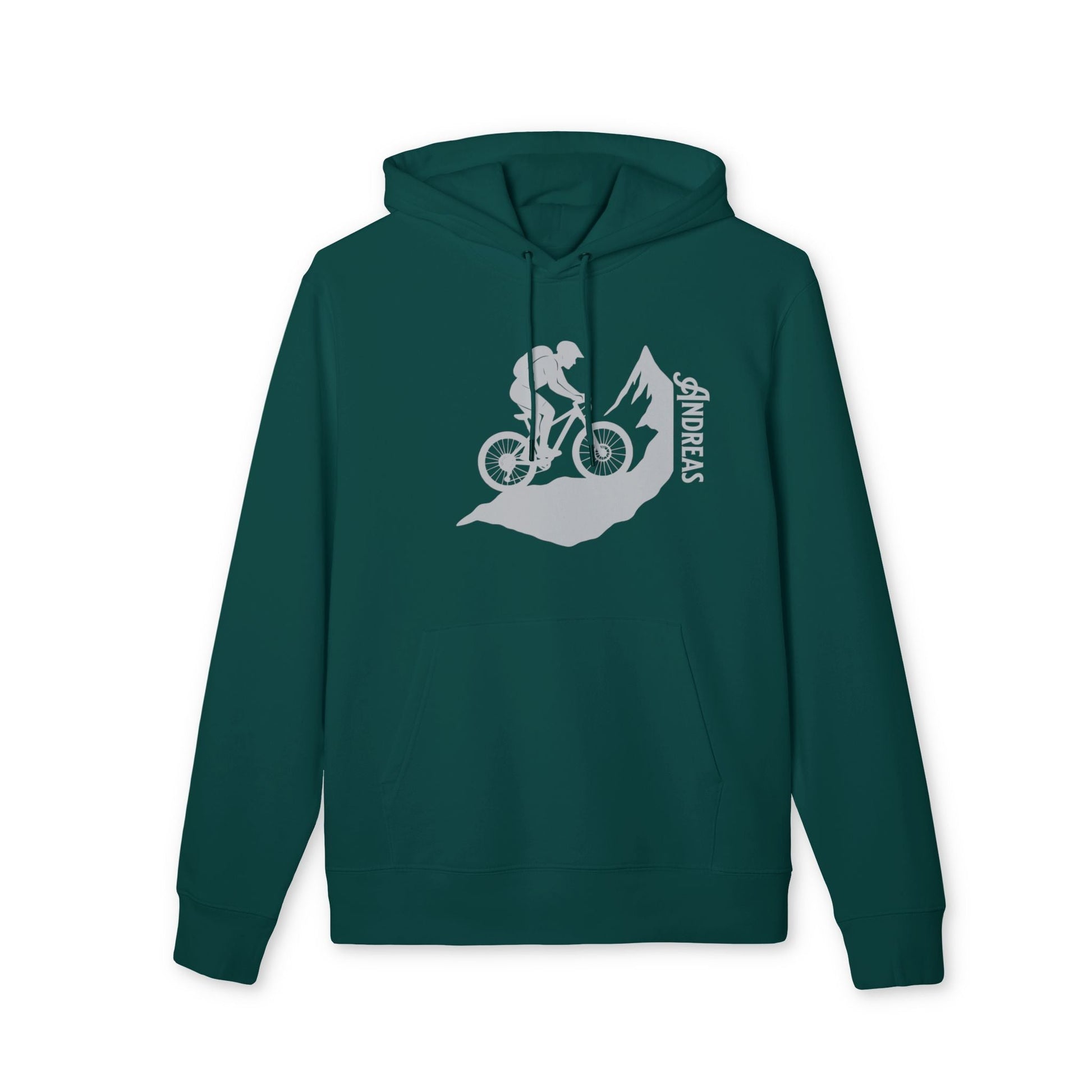 Alt Tag: Mountain Bike Personalized Sustainable Unisex Hoodie verde azulado con ciclista y montaña, nombre "ANDREA" impreso en vertical