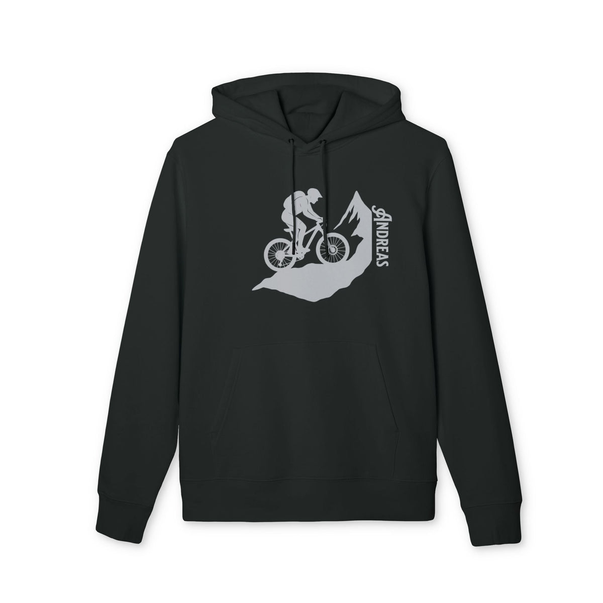 Alt Tag: Mountain Bike Personalized Sustainable Unisex Hoodie negro con gráfico de ciclista de montaña y nombre personalizado en el pecho