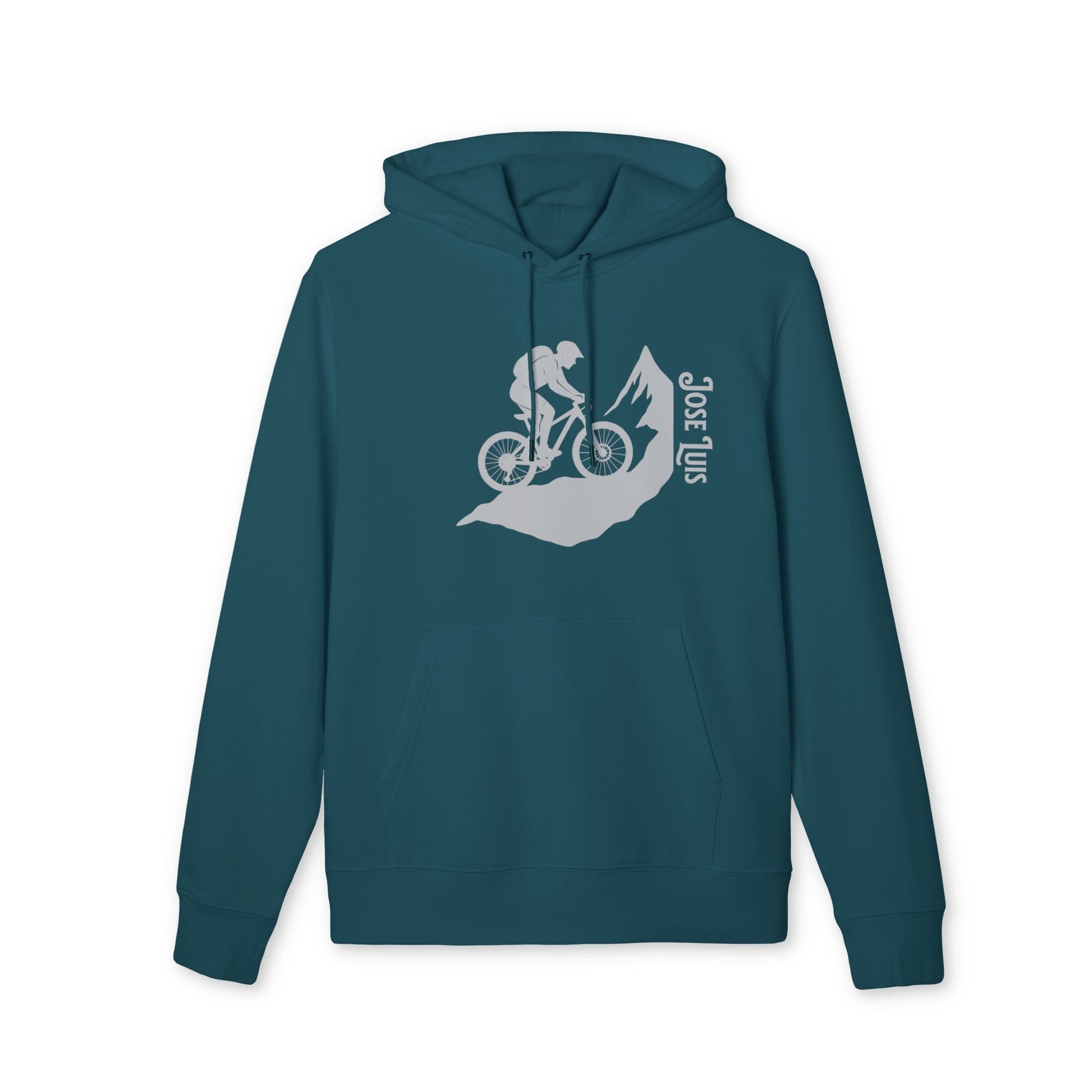 Mountain Bike Personalized Sustainable Unisex Hoodie en color verde azulado con gráfico de ciclista de montaña y nombre personalizado "JOSE LUIS"