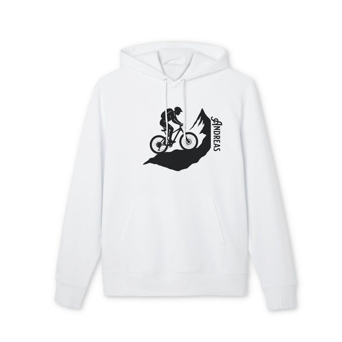 Mountain Bike Personalized Sustainable Unisex Hoodie blanca con capucha, diseño ciclista de montaña y nombre personalizado 