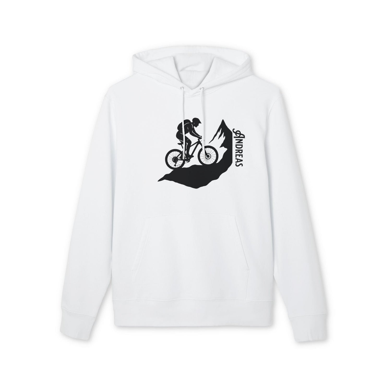 Mountain Bike Personalized Sustainable Unisex Hoodie blanca con capucha, diseño ciclista de montaña y nombre personalizado "ANDREA"