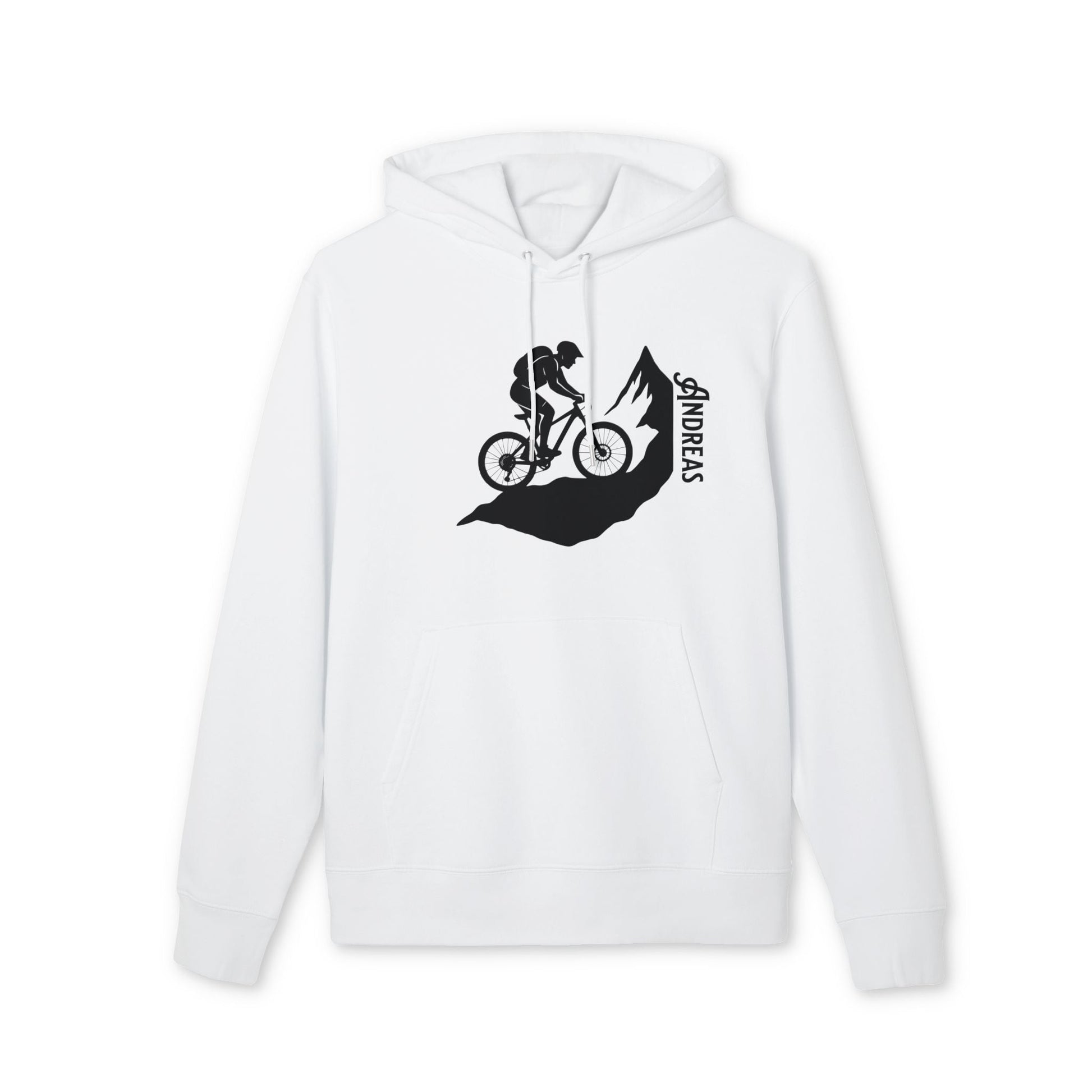 Mountain Bike Personalized Sustainable Unisex Hoodie blanca con capucha, diseño ciclista de montaña y nombre personalizado "ANDREA"