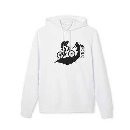 Mountain Bike Personalized Sustainable Unisex Hoodie blanca con capucha, diseño ciclista de montaña y nombre personalizado "ANDREA"