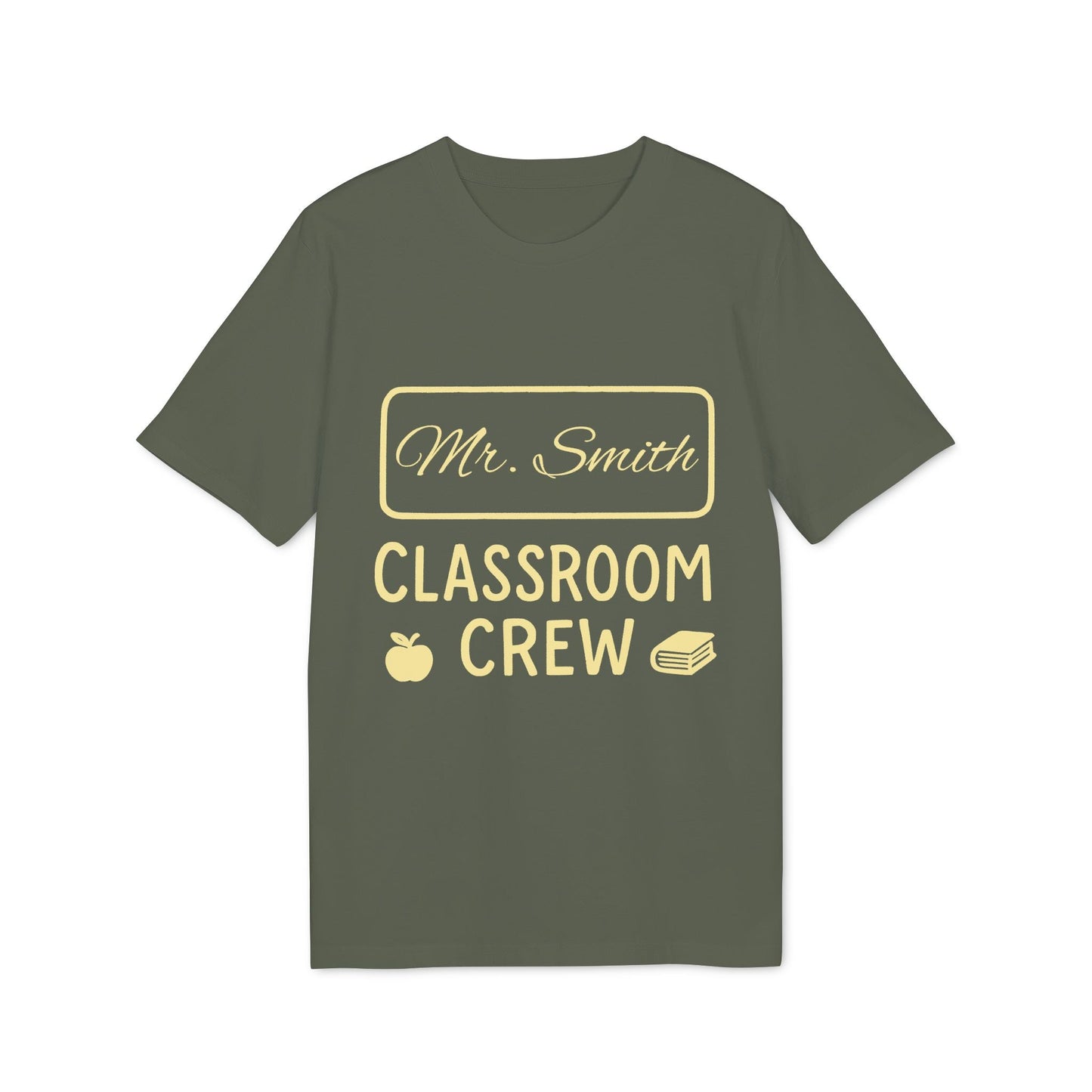 Alt Tag: Teacher Personalized Gift Teacher Premium Unisex T-Shirt with "Mr. Smith" and "Classroom Crew" print, apple and books icons