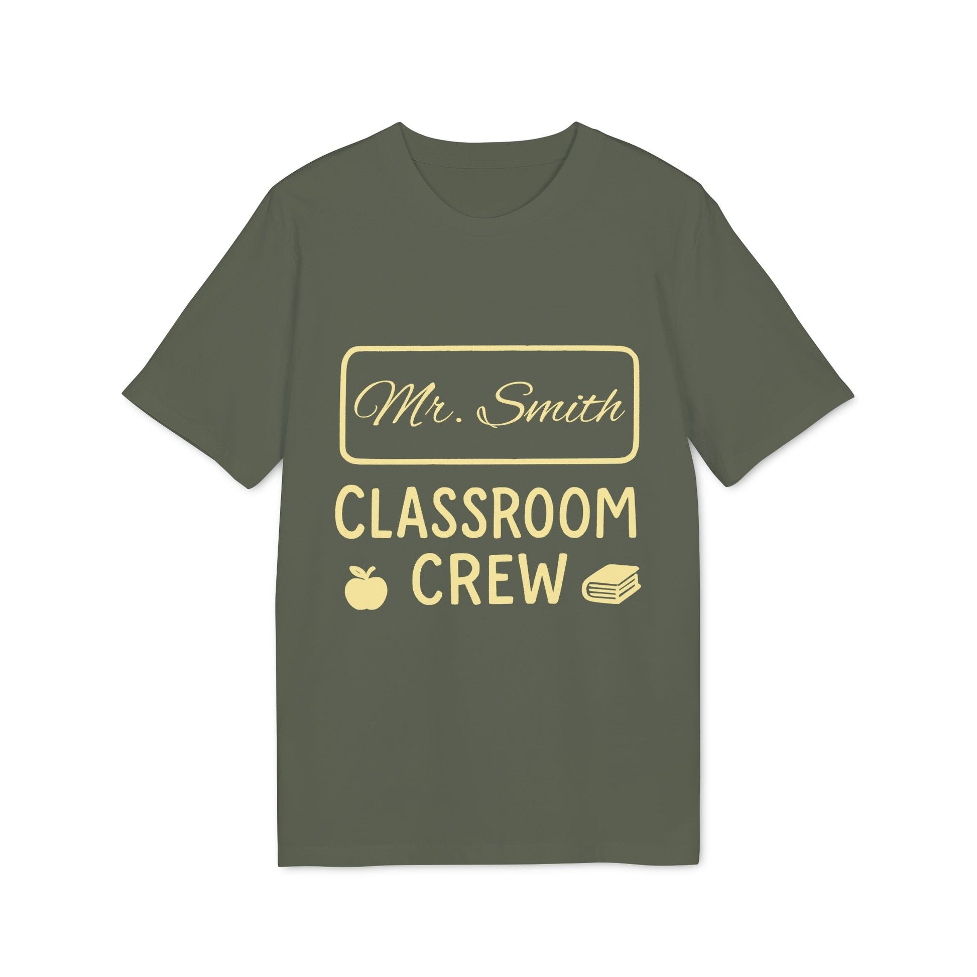 Alt Tag: Teacher Personalized Gift Teacher Premium Unisex T-Shirt with "Mr. Smith" and "Classroom Crew" print, apple and books icons