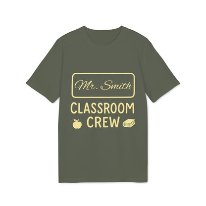Alt Tag: Teacher Personalized Gift Teacher Premium Unisex T-Shirt with "Mr. Smith" and "Classroom Crew" print, apple and books icons