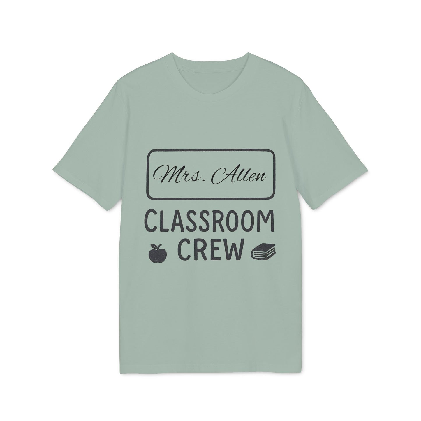 Teacher Personalized Gift Teacher Premium Unisex T-Shirt with “Mrs. Allen Classroom Crew” design, apple and books icons on light green tee