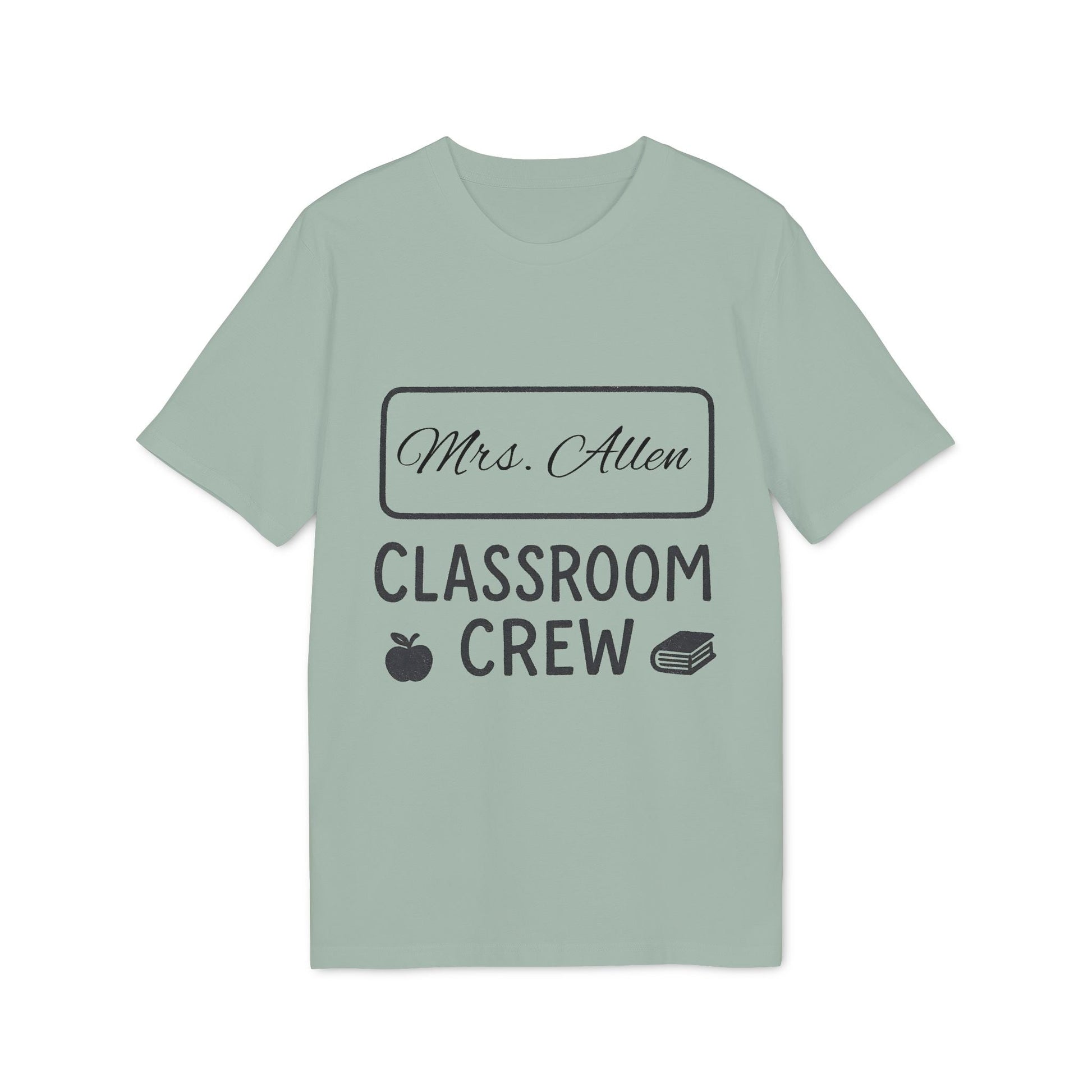 Teacher Personalized Gift Teacher Premium Unisex T-Shirt with “Mrs. Allen Classroom Crew” design, apple and books icons on light green tee