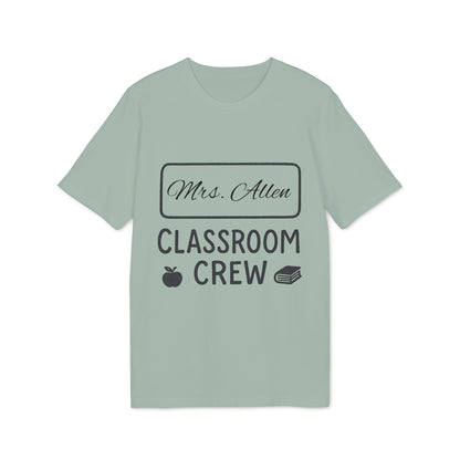 Teacher Personalized Gift Teacher Premium Unisex T-Shirt with “Mrs. Allen Classroom Crew” design, apple and books icons on light green tee