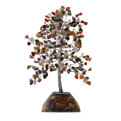 Multi Gemstone Tree – Orgonite Base & 320 Stones, árbol decorativo de gemas multicolor con base de orgonita piramidal