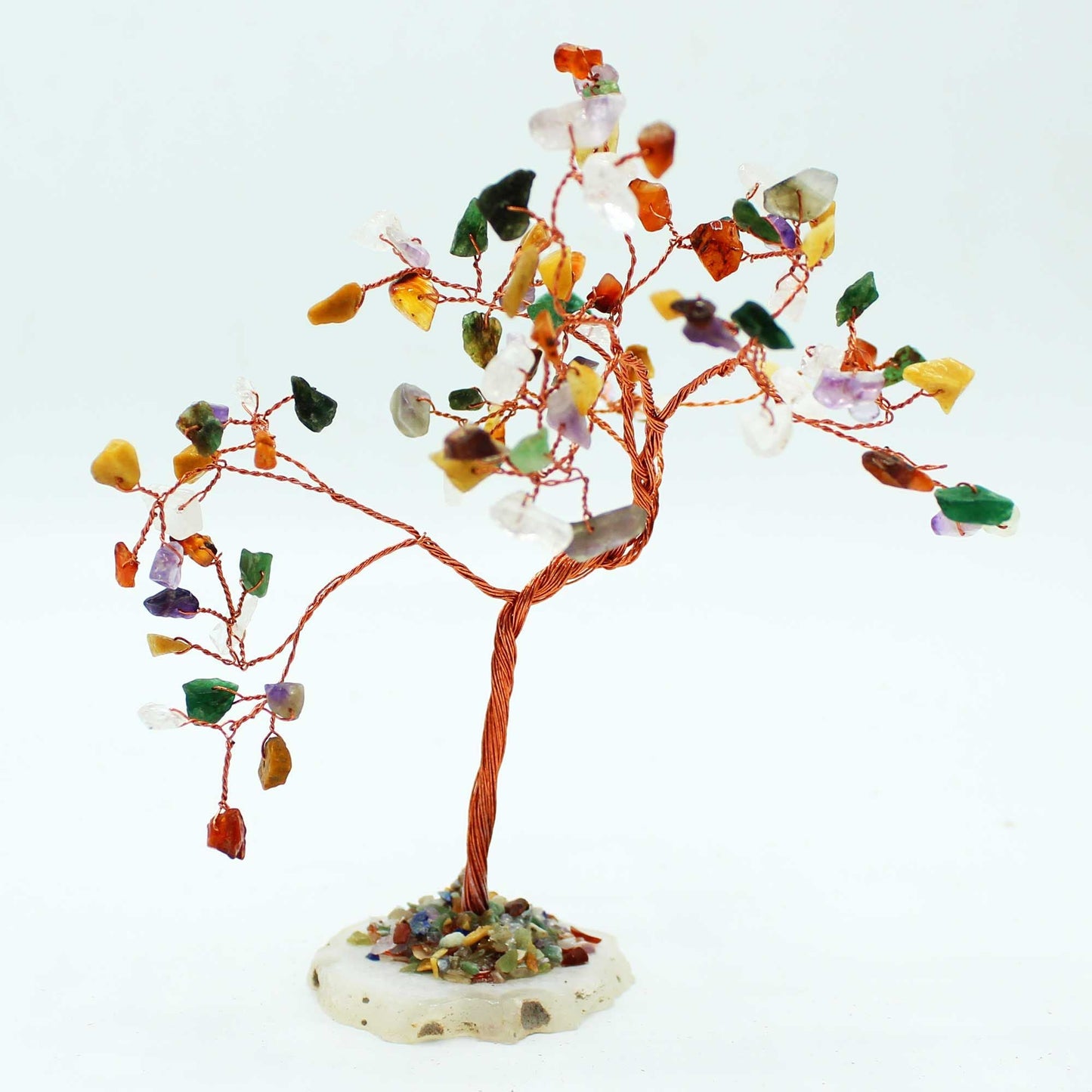 Multi-Stone Gemstone Tree on Natural Agate Base – 100 Stones, árbol decorativo artesanal con piedras multicolor y ramas de alambre