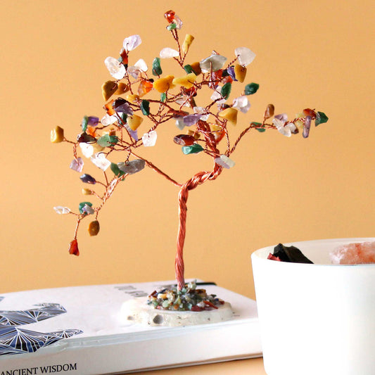Alt Tag: Multi-Stone Gemstone Tree on Natural Agate Base – 100 Stones, handcrafted wire tree with colorful gemstone chips on agate base