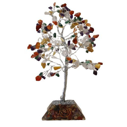 Alt Tag: Multicolor Gemstone Tree – 160 Stones bonsai con piedras multicolor pulidas, ramas de alambre y base de orgonita