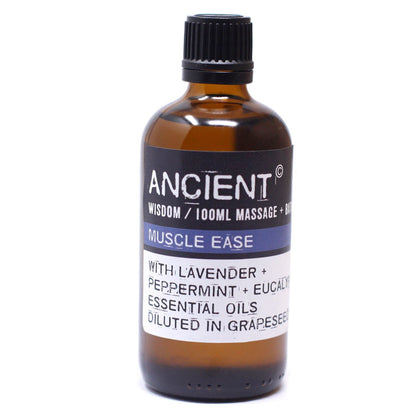 Alt Tag: Massageolja för muskelkomfort – 100 ML bärnstensfärgad glasflaska med en blandning av eteriska oljor av lavendel, pepparmynta och eukalyptus, 100ml