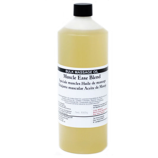 Massageolja för muskelkomfort – 1 kg bulkflaska med massageolja, etikett Muscle Ease Blend, storlek 1000 g, för professionellt bruk och hemmabruk