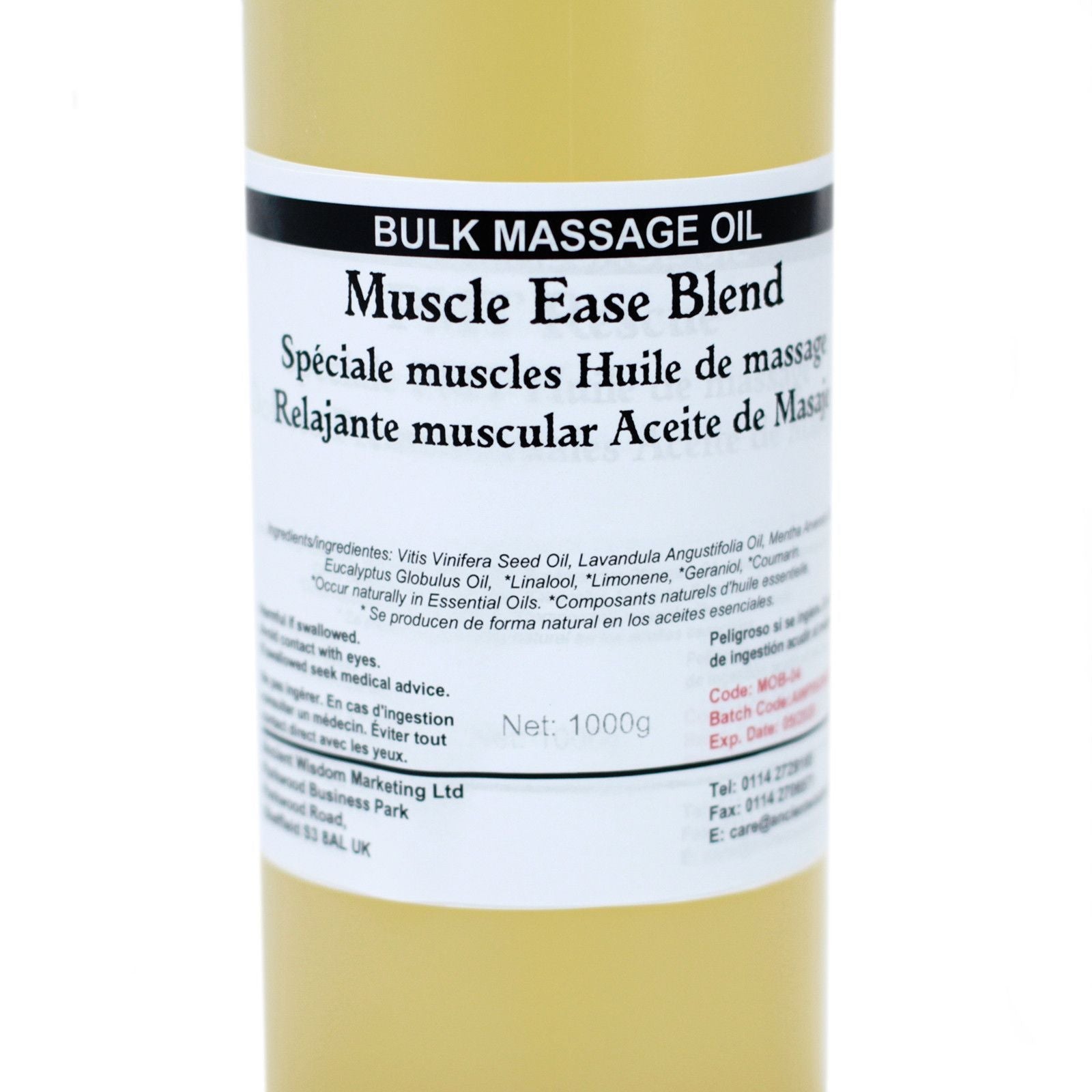 Muscle Comfort Massage Oil – 1 KG bulk massage oil bottle 1000g, Muscle Ease Blend label close-up