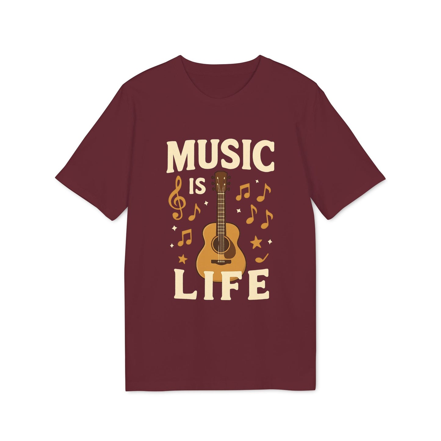 Alt Tag: Music Is Life 100% Organic Cotton T-Shirt in color burdeos con diseño “MUSIC IS LIFE”, guitarra y notas musicales