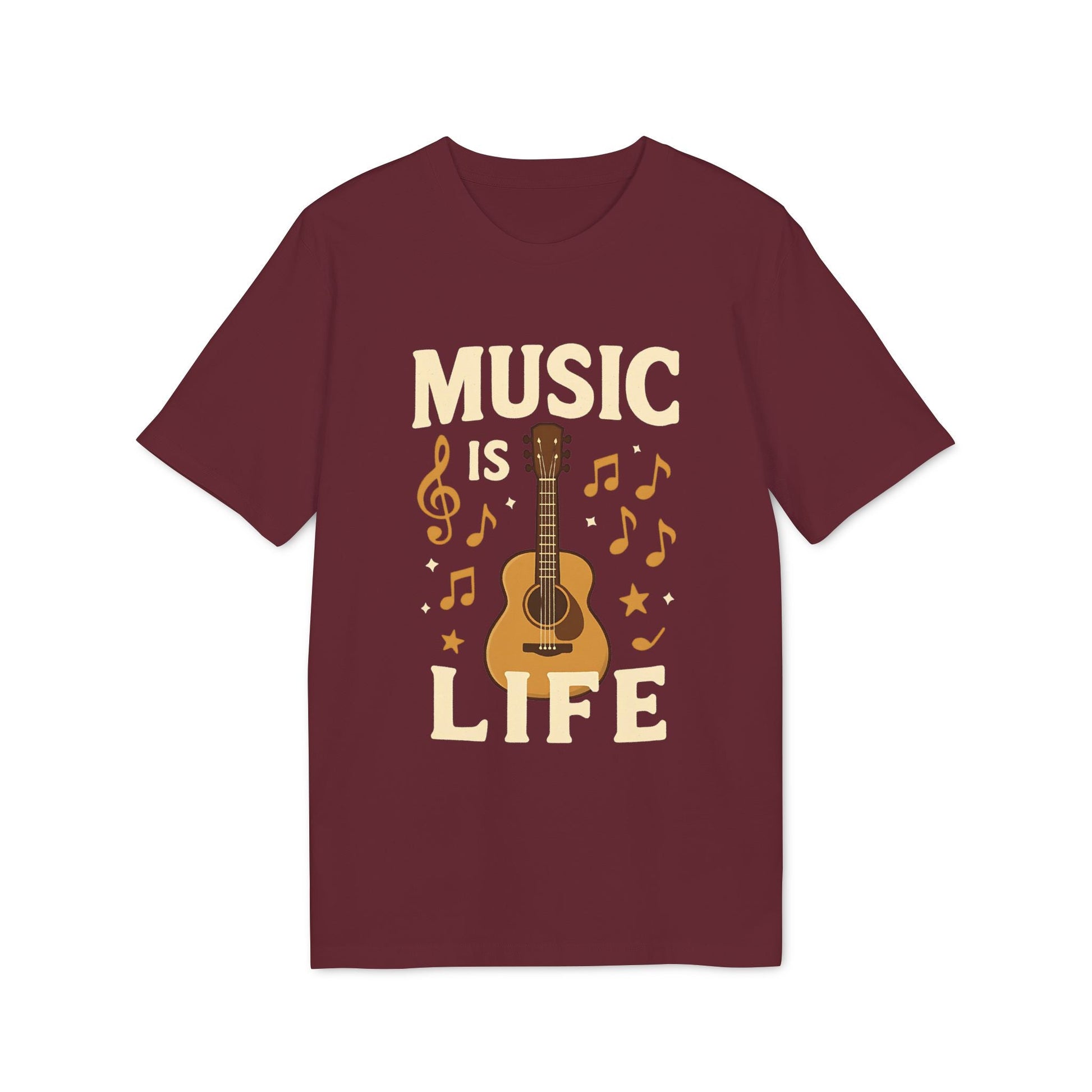 Alt Tag: Music Is Life 100% Organic Cotton T-Shirt in color burdeos con diseño “MUSIC IS LIFE”, guitarra y notas musicales