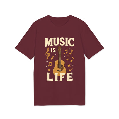 Alt Tag: Music Is Life 100% Organic Cotton T-Shirt in color burdeos con diseño “MUSIC IS LIFE”, guitarra y notas musicales