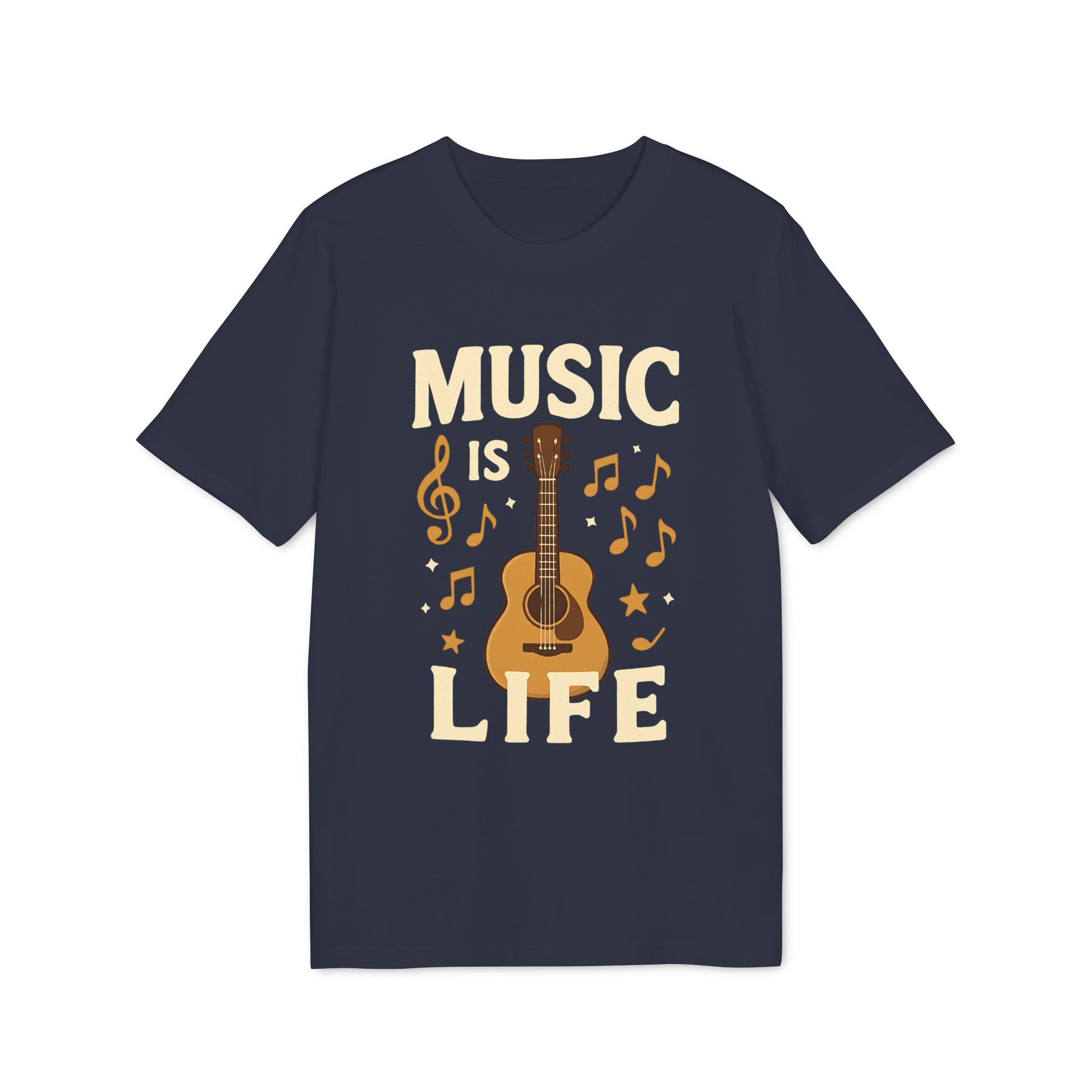 Music Is Life 100% Organic Cotton T-Shirt navy graphic tee with guitar and musical notes design