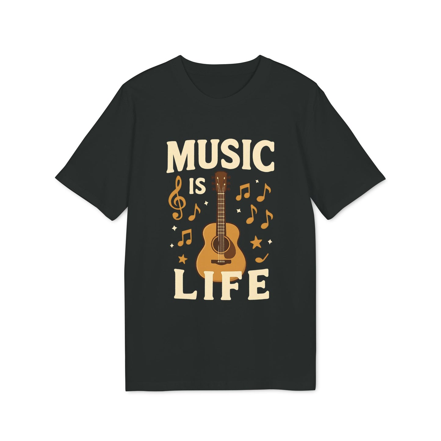 Music Is Life 100% Organic Cotton T-Shirt black tee with guitar and music notes graphic, “Music Is Life” text