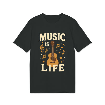 Music Is Life 100% Organic Cotton T-Shirt black tee with guitar and music notes graphic, “Music Is Life” text