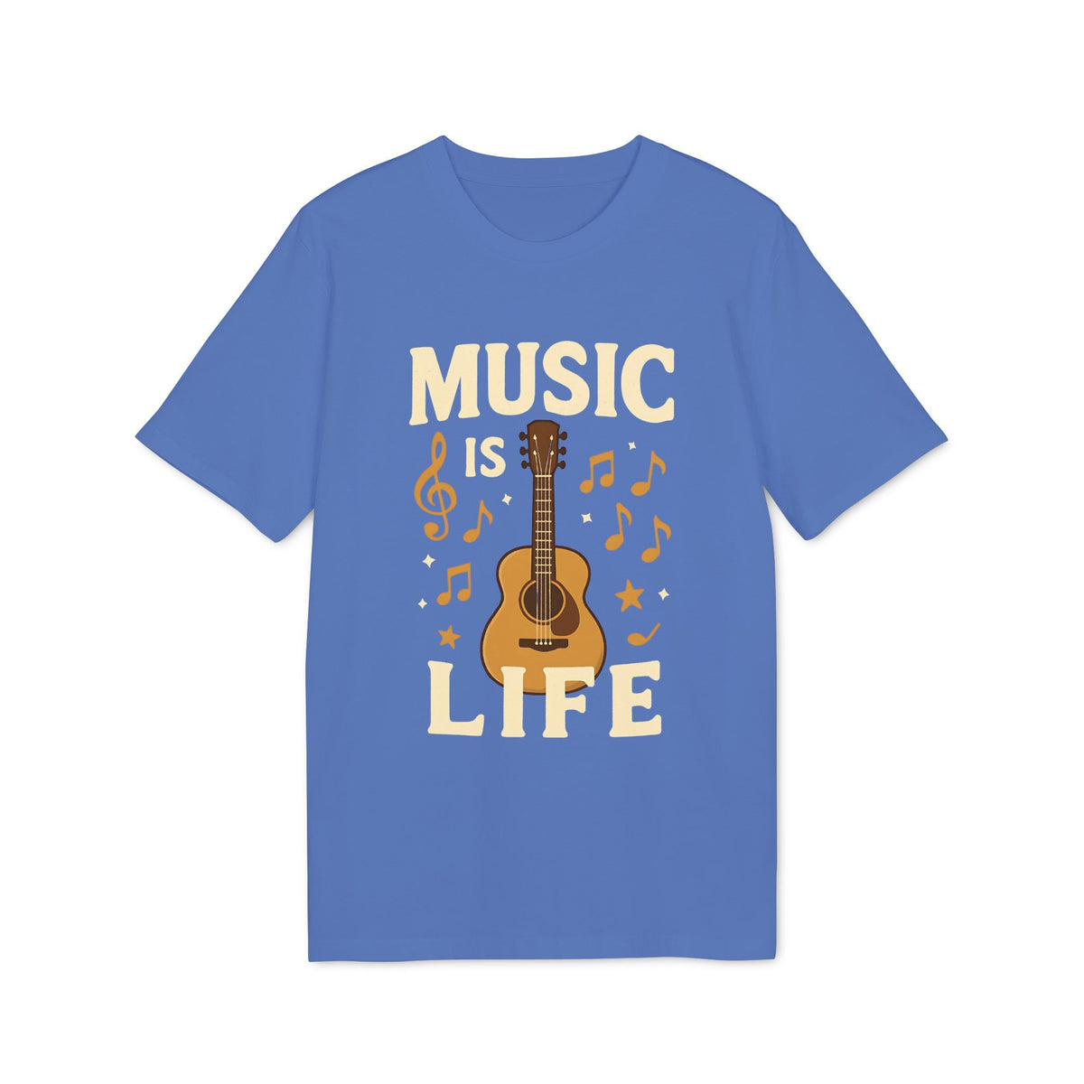 Alt Tag: Music Is Life 100% Organic Cotton T-Shirt en color azul con diseño de guitarra acústica y notas musicales, texto “MUSIC IS LIFE”