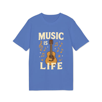 Alt Tag: Music Is Life 100% Organic Cotton T-Shirt en color azul con diseño de guitarra acústica y notas musicales, texto “MUSIC IS LIFE”