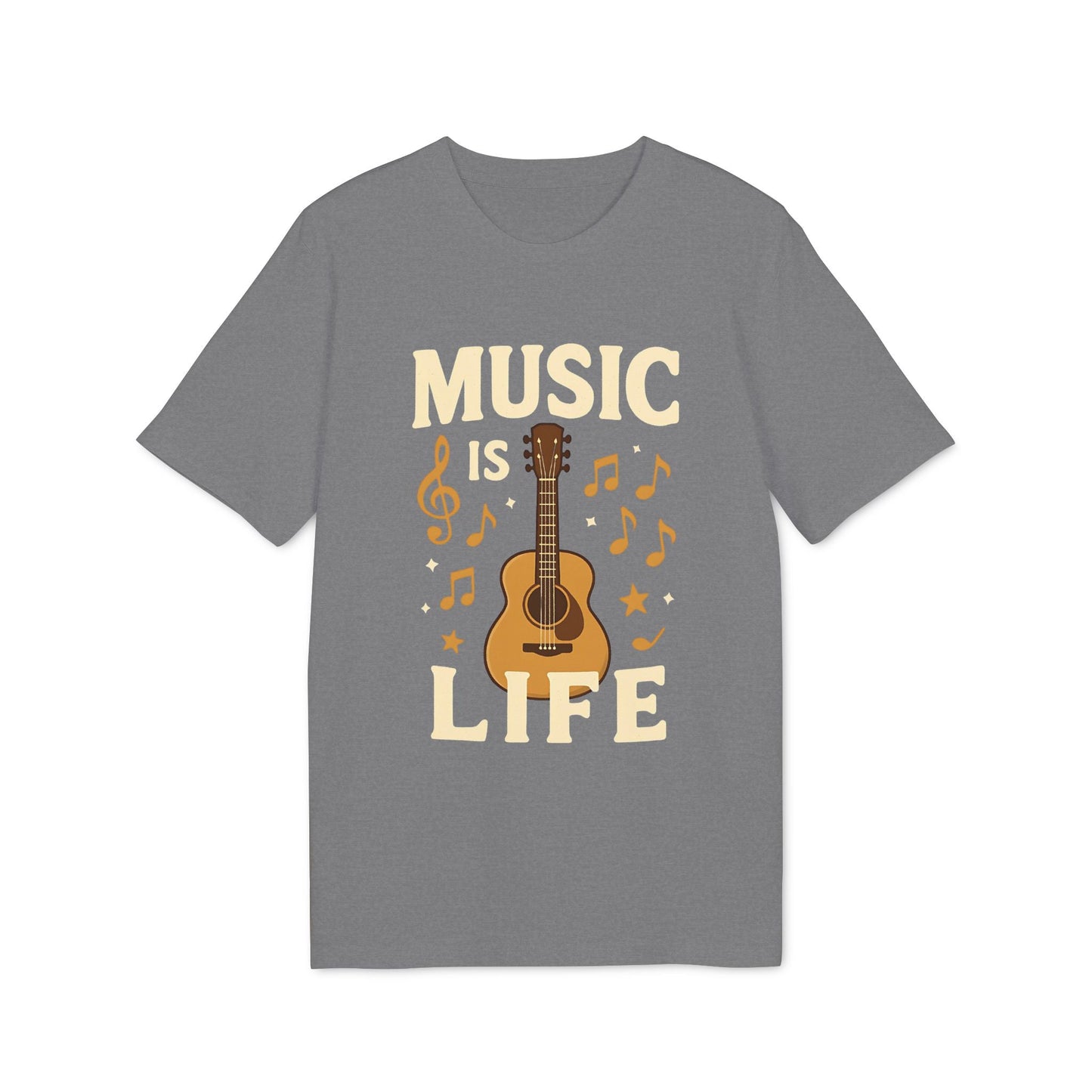 Alt Tag: Music Is Life 100% Organic Cotton T-Shirt gris con diseño de guitarra acústica y notas musicales, texto “MUSIC IS LIFE”