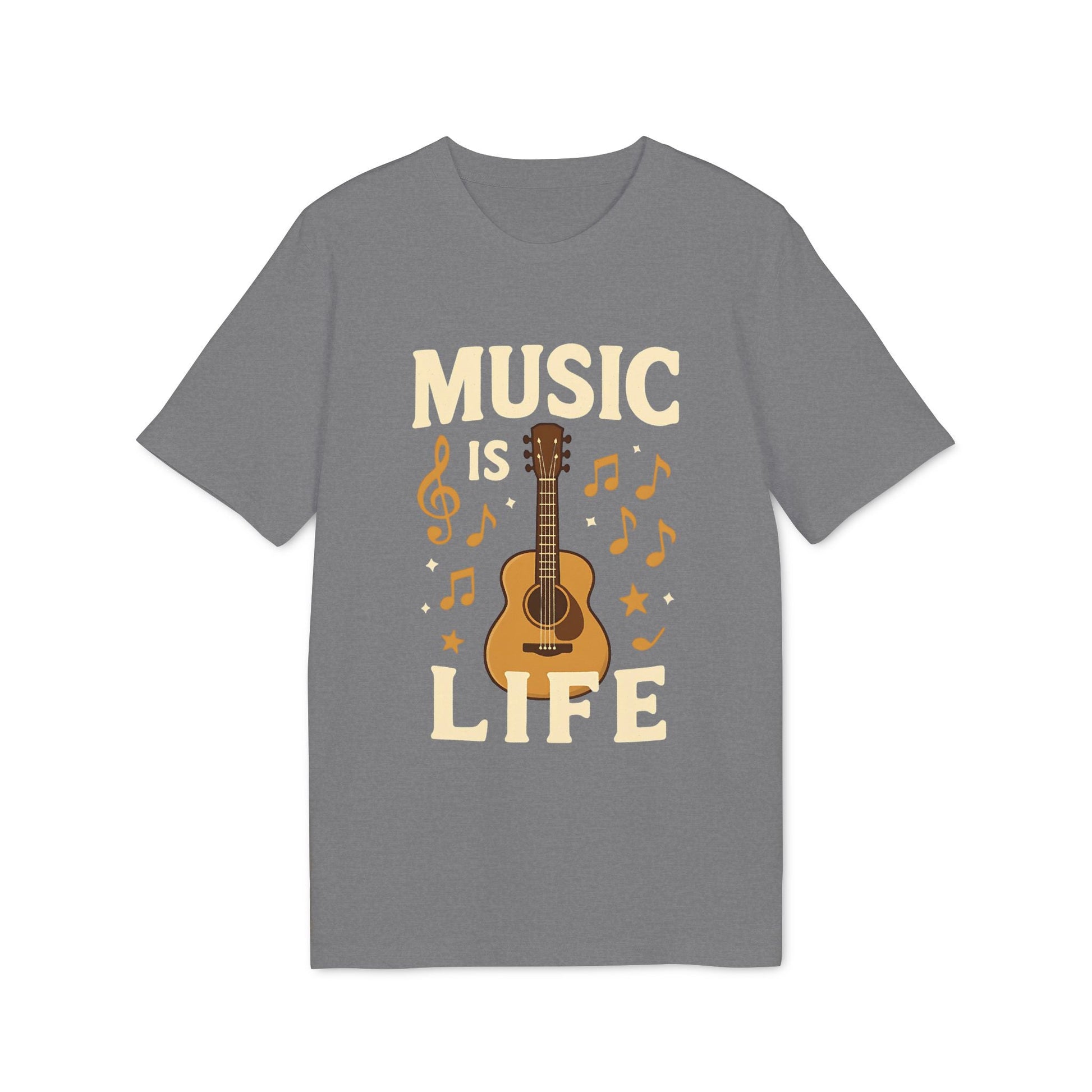 Alt Tag: Music Is Life 100% Organic Cotton T-Shirt gris con diseño de guitarra acústica y notas musicales, texto “MUSIC IS LIFE”