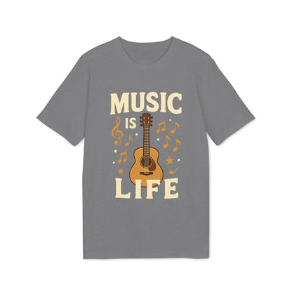 Alt Tag: Music Is Life 100% Organic Cotton T-Shirt gris con diseño de guitarra acústica y notas musicales, texto “MUSIC IS LIFE”
