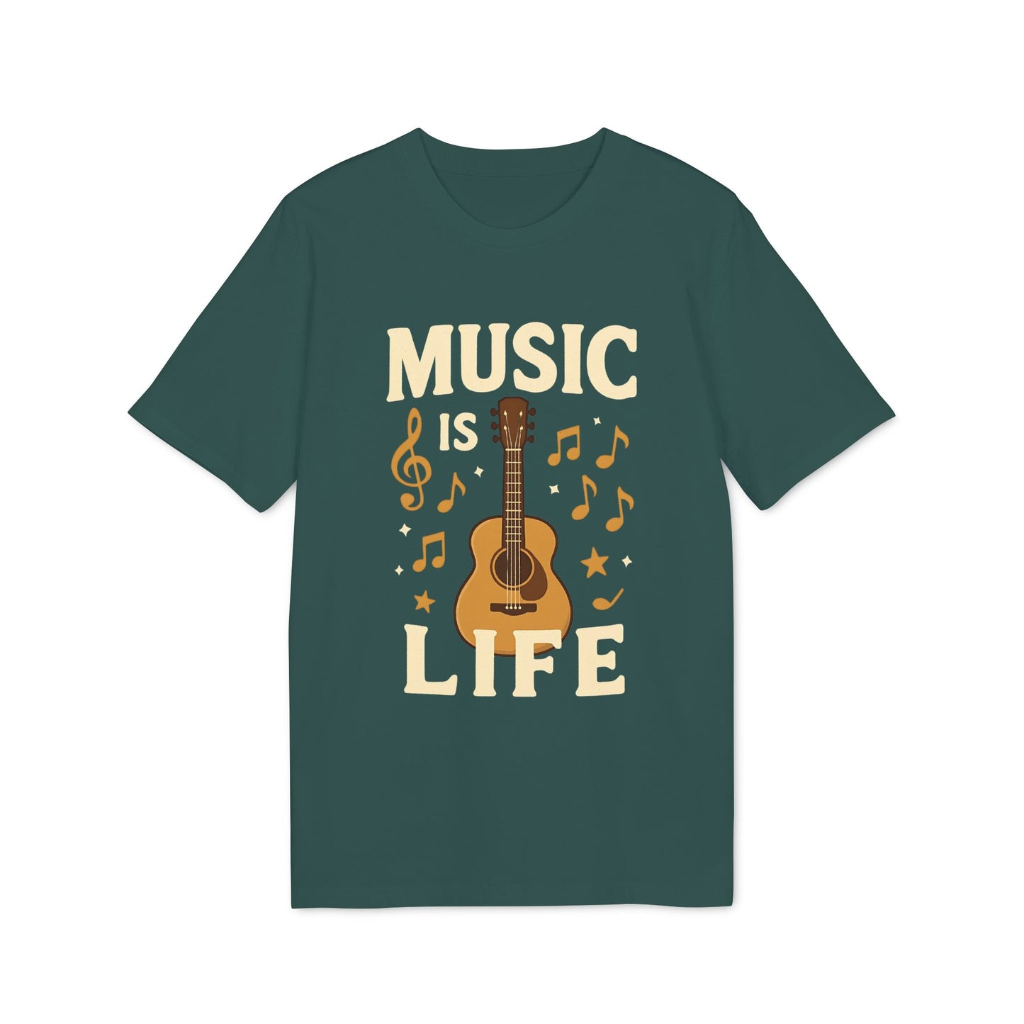 Alt Tag: Music Is Life 100% Organic Cotton T-Shirt, camiseta verde con diseño de guitarra acústica y notas musicales “Music Is Life”