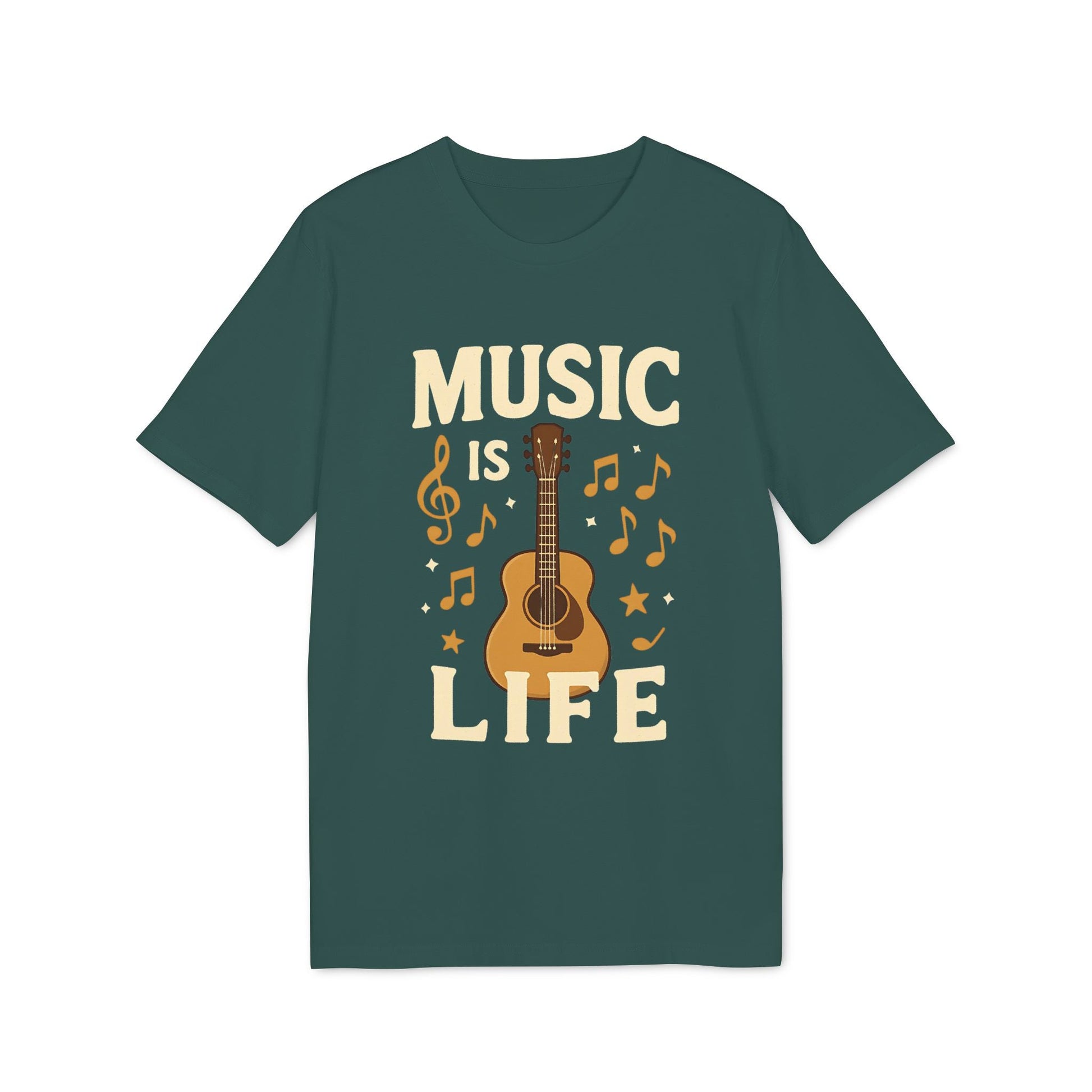 Alt Tag: Music Is Life 100% Organic Cotton T-Shirt, camiseta verde con diseño de guitarra acústica y notas musicales “Music Is Life”
