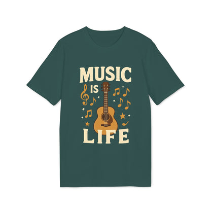 Alt Tag: Music Is Life 100% Organic Cotton T-Shirt, camiseta verde con diseño de guitarra acústica y notas musicales “Music Is Life”