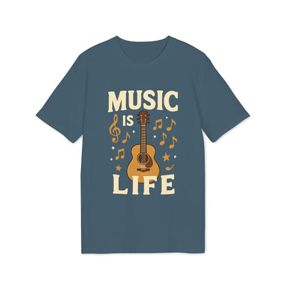Alt Tag: Music Is Life 100% Organic Cotton T-Shirt azul con diseño de guitarra acústica y notas musicales, gráfico "Music Is Life"