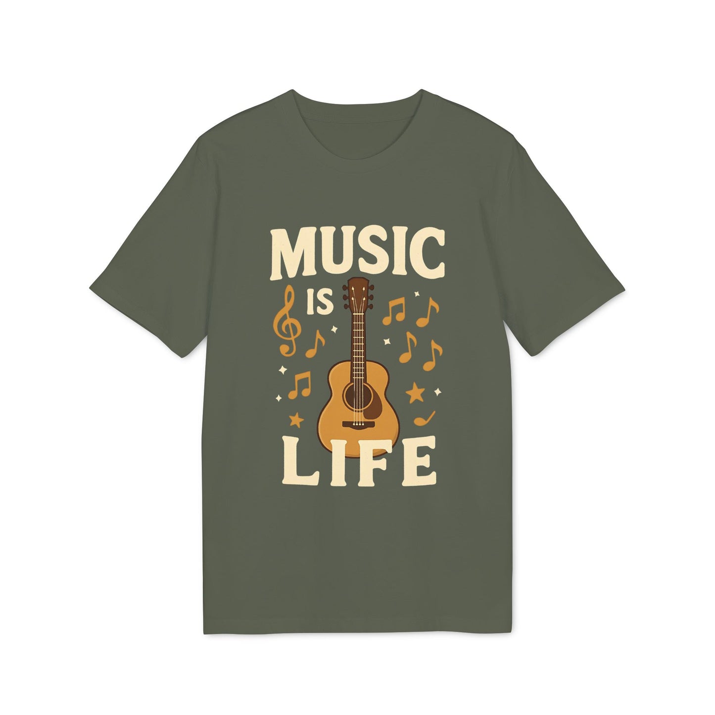 Alt Tag: Music Is Life 100% Organic Cotton T-Shirt verde oliva con gráfico de guitarra acústica y notas musicales en el frente