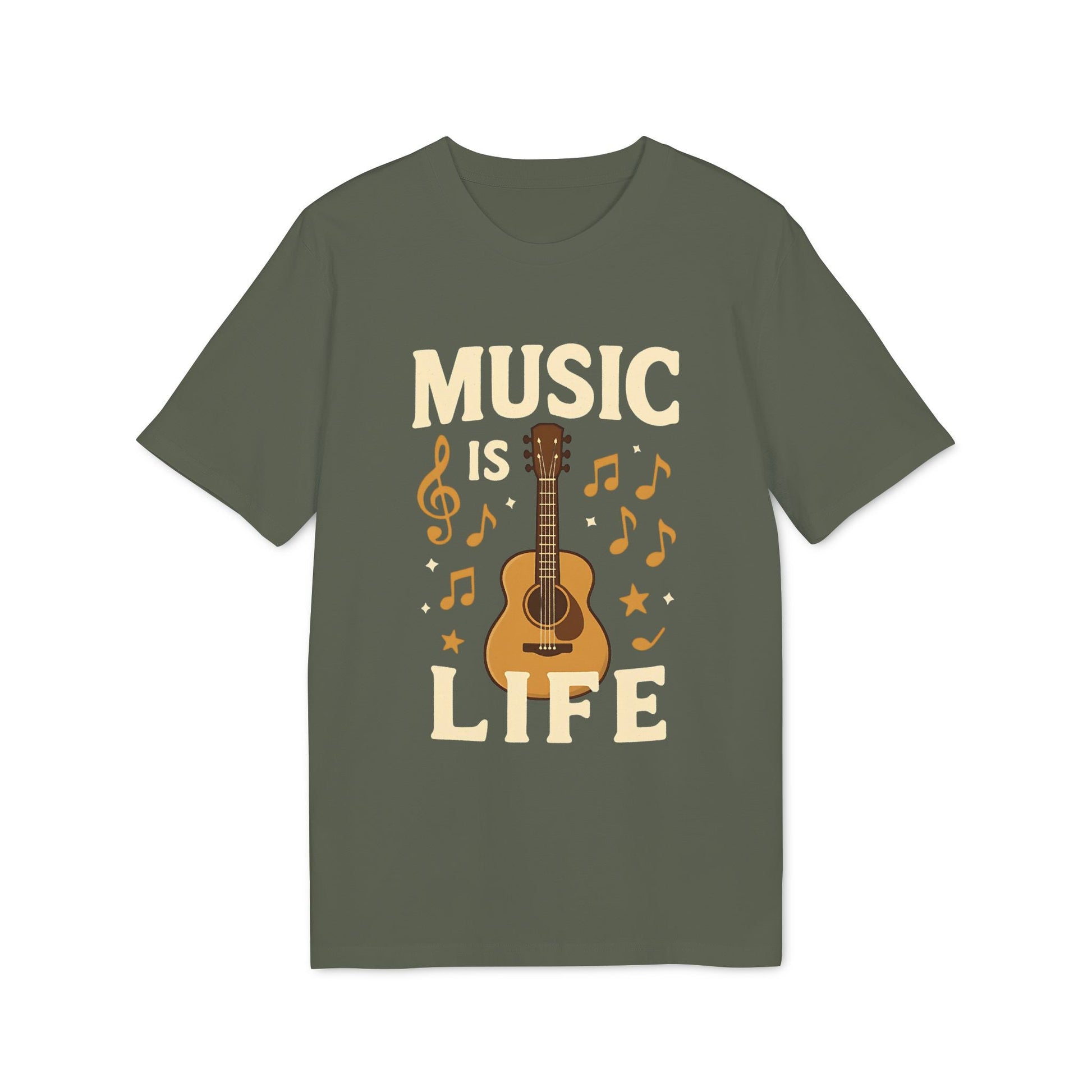 Alt Tag: Music Is Life 100% Organic Cotton T-Shirt verde oliva con gráfico de guitarra acústica y notas musicales en el frente