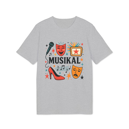Alt Tag: Musikal Alla Som Älskar Musikal 100% Organic Cotton T-Shirt grey tee with MUSIKAL graphic, theatre masks, microphone, stars and notes
