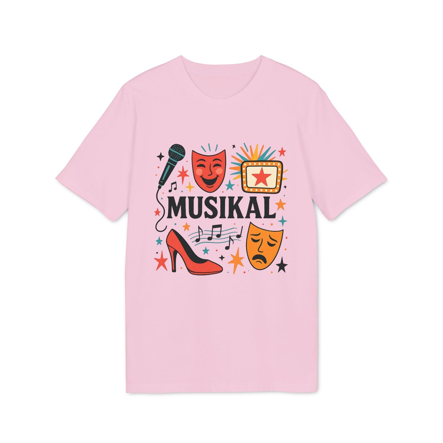 Musikal Alla Som Älskar Musikal 100% Organic Cotton T-Shirt i ljusrosa med musikaltryck, mikrofon, teatermasker, noter och klackskor