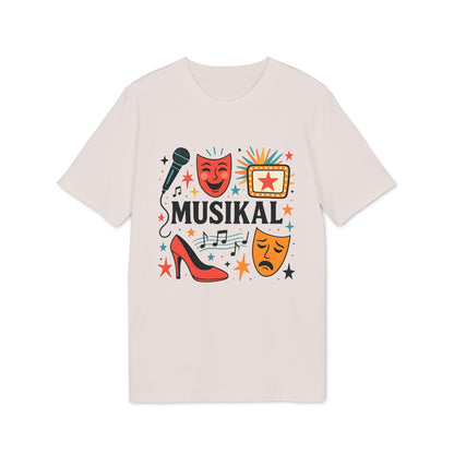 Alt Tag: Musikal Alla Som Älskar Musikal 100% Organic Cotton T-Shirt med musikaltryck, mikrofon, teatermasker, noter och klack på vit t-shirt