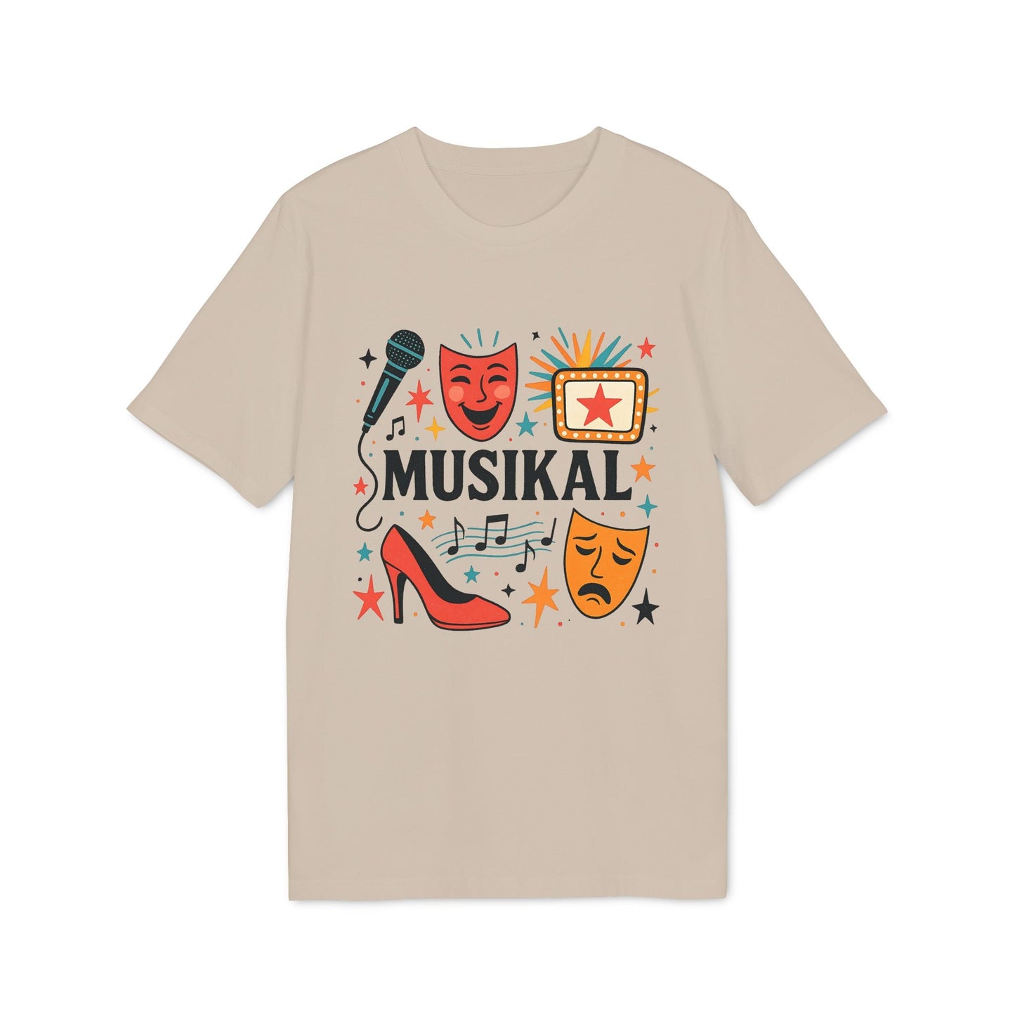 Alt Tag: Musikal Alla Som Älskar Musikal 100% Organic Cotton T-Shirt med musikaltryck, mikrofon, teatermasker, noter och stilett