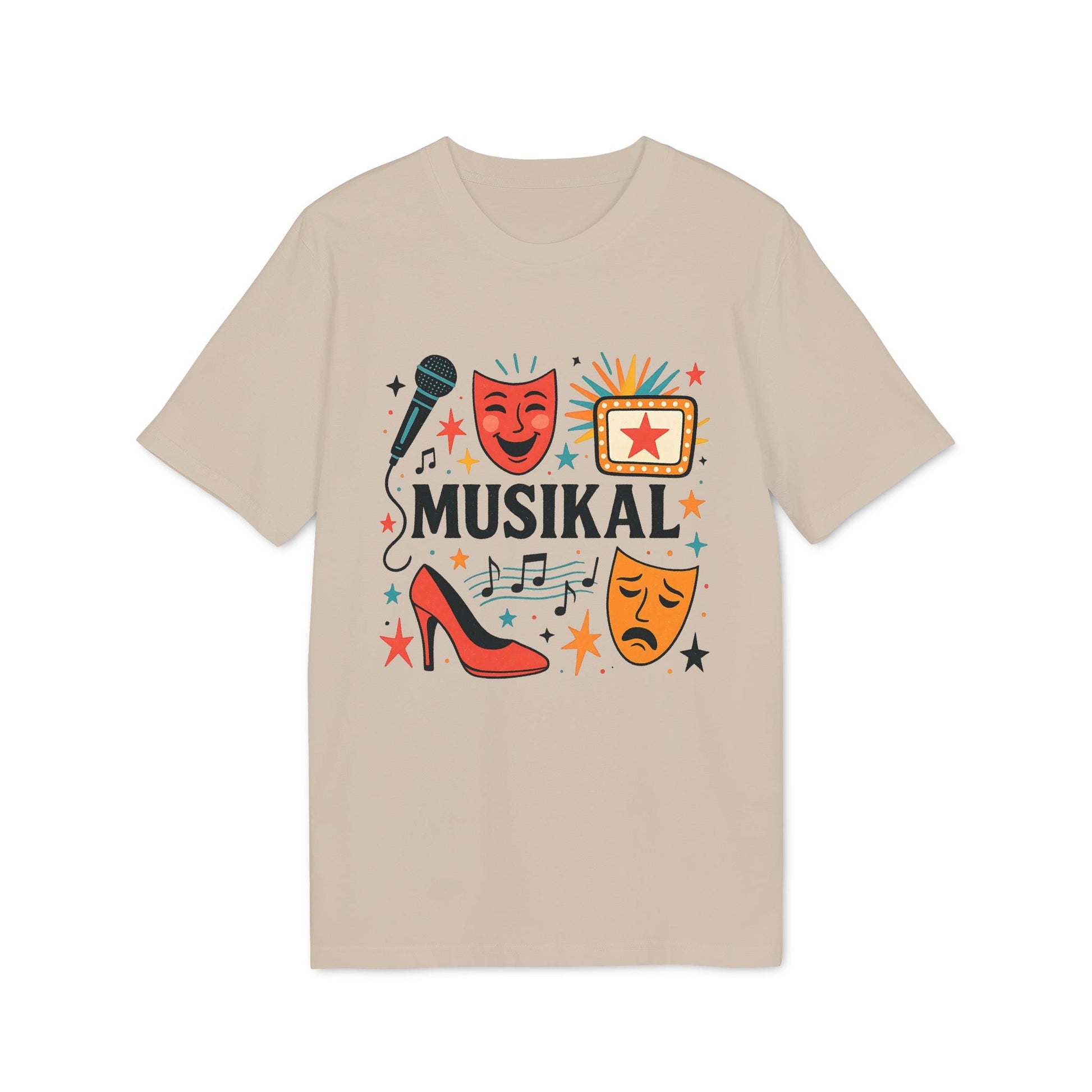 Alt Tag: Musikal Alla Som Älskar Musikal 100% Organic Cotton T-Shirt med musikaltryck, mikrofon, teatermasker, noter och stilett