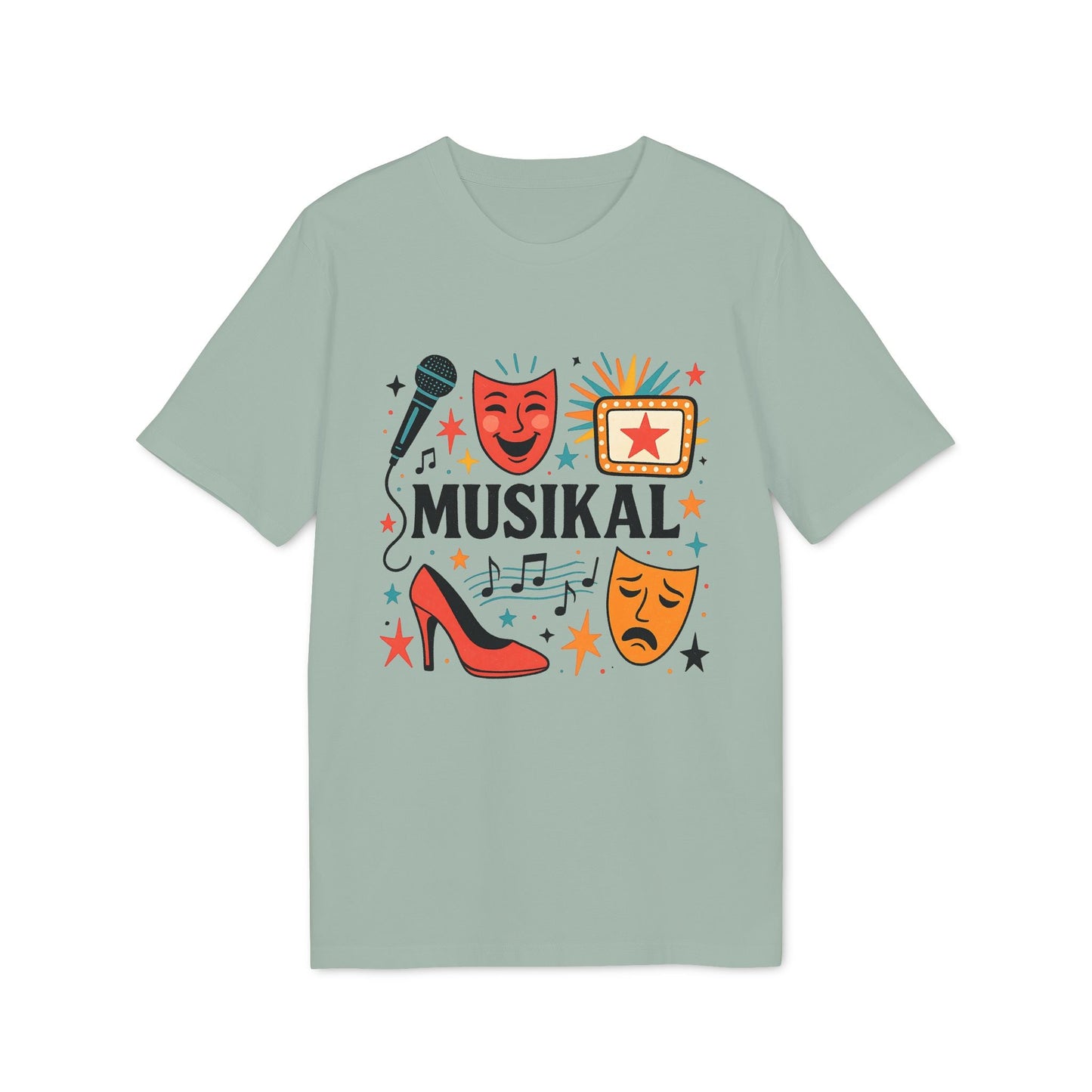 Musikal Alla Som Älskar Musikal 100% Organic Cotton T-Shirt with musical theatre icons, microphone, masks and “MUSIKAL” graphic