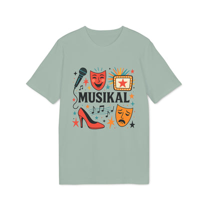 Musikal Alla Som Älskar Musikal 100% Organic Cotton T-Shirt with musical theatre icons, microphone, masks and “MUSIKAL” graphic