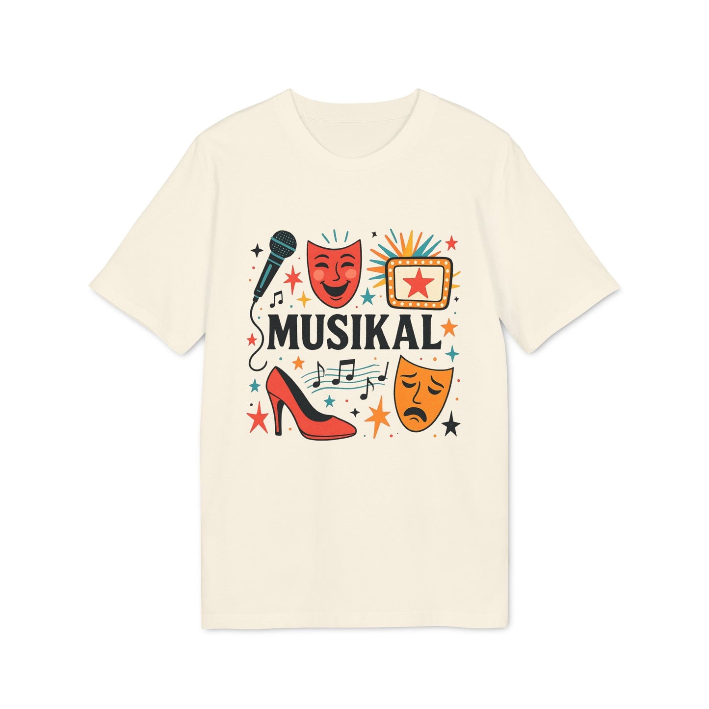 Alt Tag: Musikal Alla Som Älskar Musikal 100% Organic Cotton T-Shirt med "MUSIKAL"-tryck, mikrofon, teatermasker, klack och noter